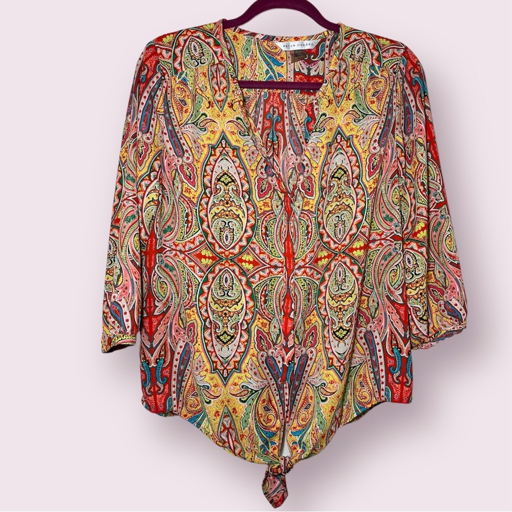 PETER NYGARD Multicolor Button Front Tie waist 3/4 Sleeve Women’s Sz 8
